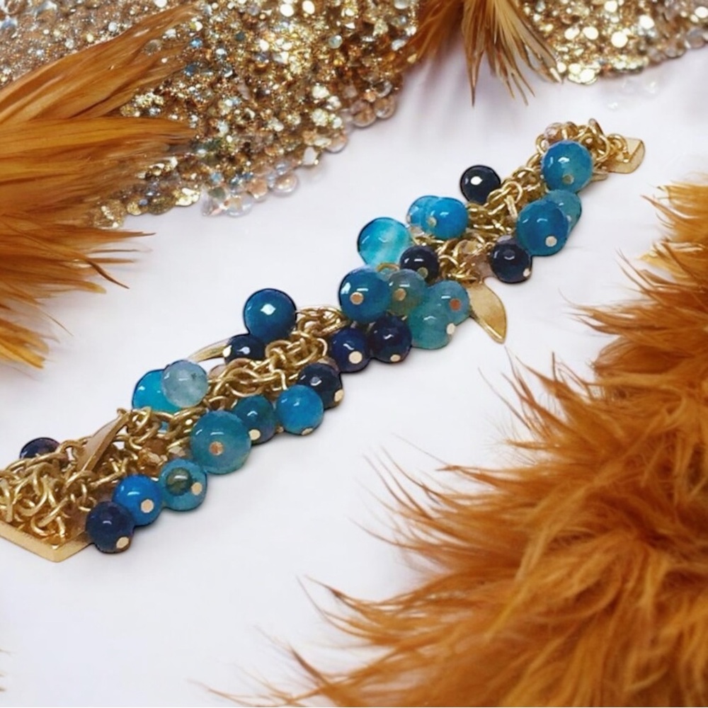 Metal and Beaded Goldtone and Turquoise Bracelet